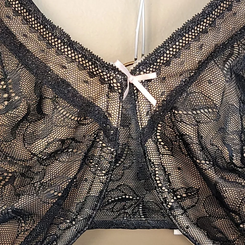 Cacique Unlined Full Coverage Black Lace Bra No Show Hipster Panties Set 46G - Picture 3 of 13